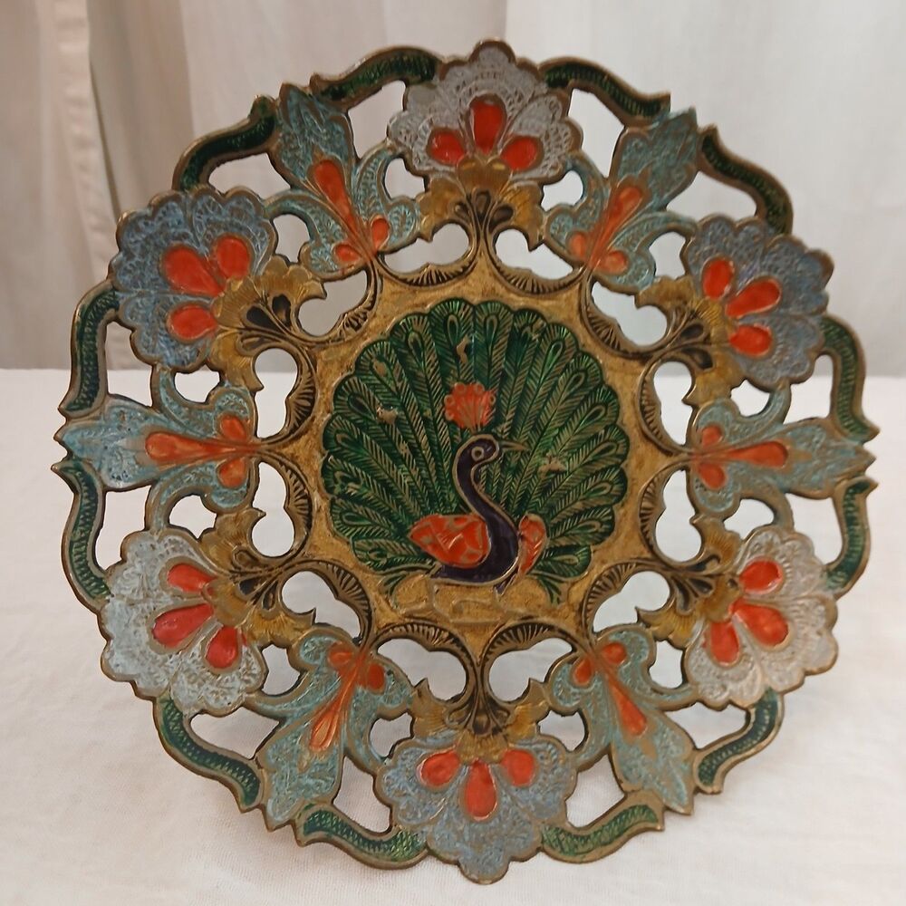 Vintage Penco Brass Enameled Peacock Pedestal Trinket Dish /Tray